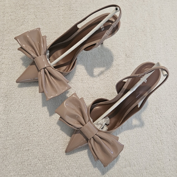 Zara Nude Bow Slingback Heels Size 9 Beige Coquette Girl Feminine Party Office - Picture 2 of 7